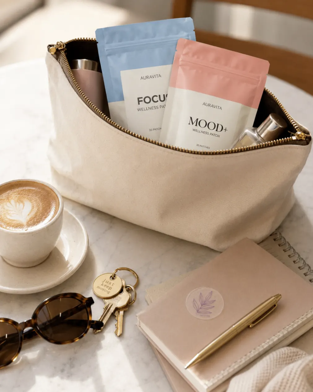 AuraVita FOCUS and MOOD+ pouches inside a canvas tote