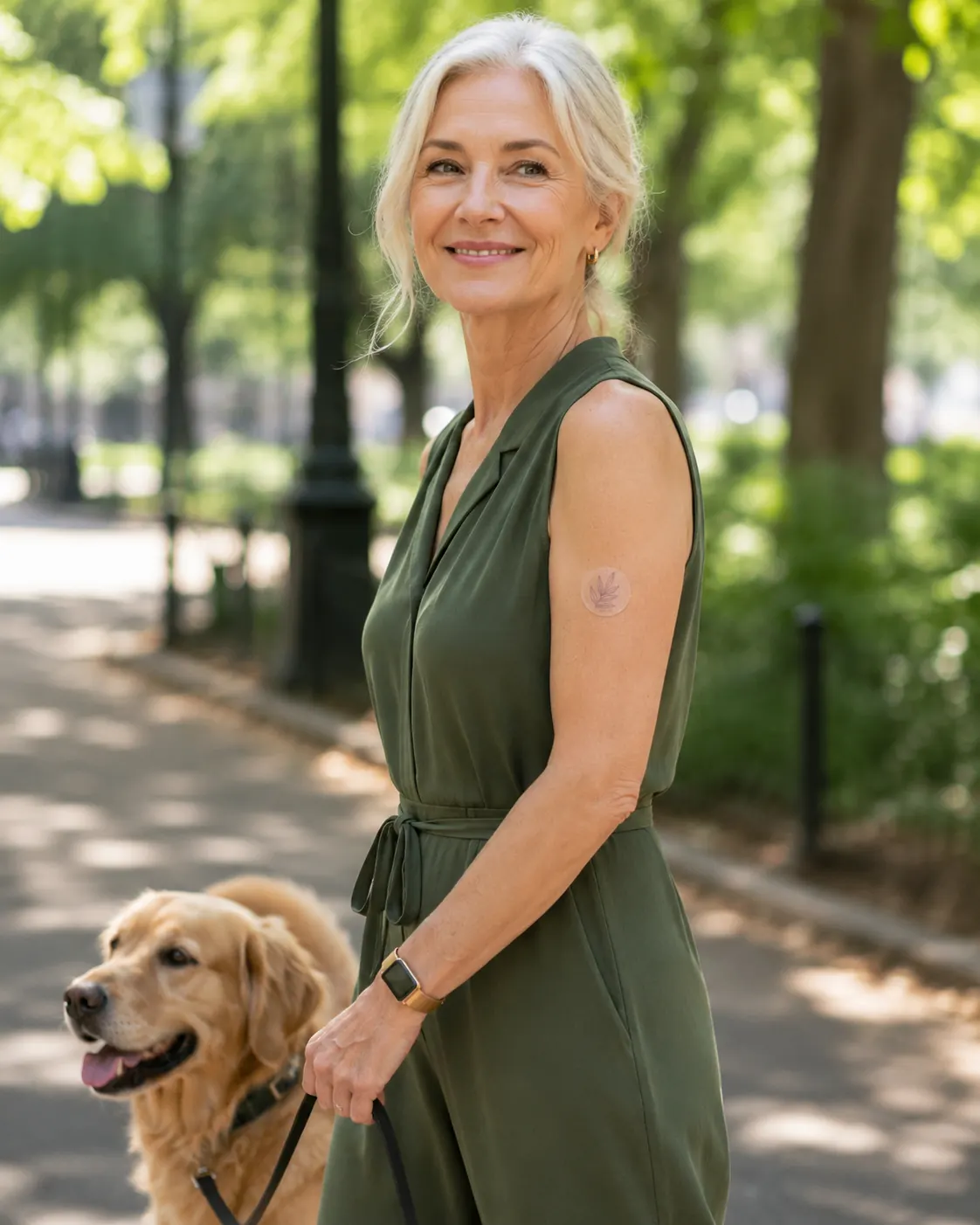 Mature woman walking her golden retriever with an AuraVita patch on her arm