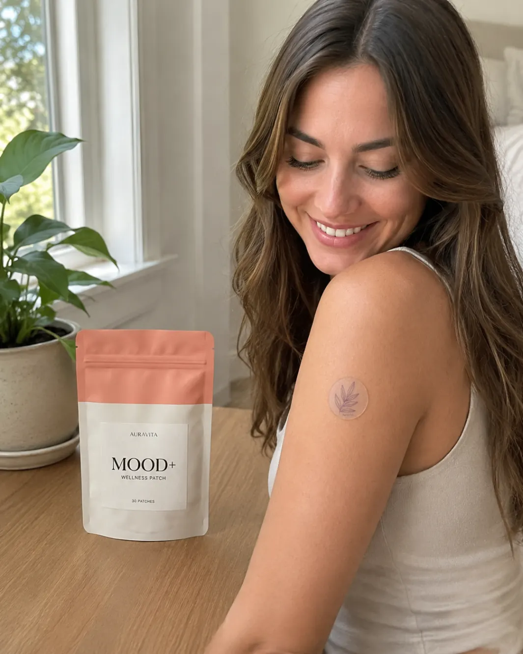 Woman with MOOD+ pouch on her bedside table, patch on arm